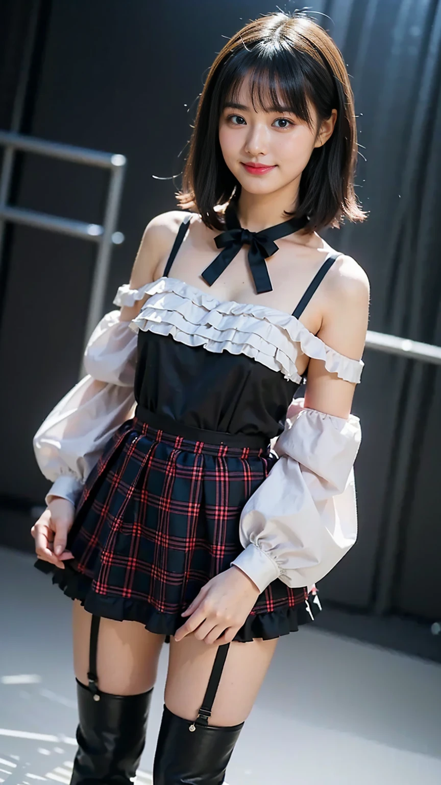 (8k、  RAW Photos from the Last Century 、 best quality、masterpiece:1.2)、(Realistic、Realistic)、1 person((black、silk off-the-shoulder、 see-through 、Frills、ribbon、 plaid miniskirt 、 Big Breasts 、 Thin legs、 Accessories、smile、 cleavage、 garter belt、 boots 、 stage、 medium hair、I'm standing with my hands on my hips、whole body )、cute