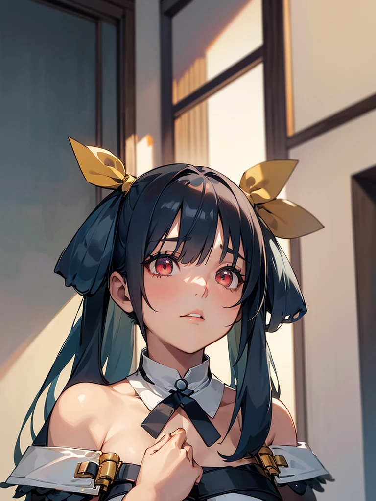 (​masterpiece、top-quality、hight resolution、Unity 8k、extremely details CG:1,Best Picture), (((Narrow eyes))), 1girl, ggdizzy, underwear, yellow hairribbon, hotel room, A young woman letting out a long, exaggerated sigh, her expression showing clear indifference and exasperation. Her eyes are half-lidded, gazing slightly to the side, as if she has completely lost interest in the conversation. Her lips are slightly parted, her shoulders drooping in a tired, dismissive posture. She seems emotionally detached, with no trace of warmth or care in her demeanor. The background is plain and neutral, drawing attention entirely to her apathetic expression.