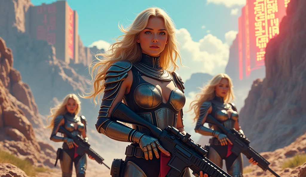 there is a woman in a sci - fio costume standing in front of a group of soldiers, greg hildebrandt highly detailed, mighty princess of the wasteland, kylie minogue as barbarella, youtube thumbnail, metalhead, mars invasion 2 0 3 3 - 2 0 4 2, by Jason A. Engle, cinemascope, ultra fine illustration