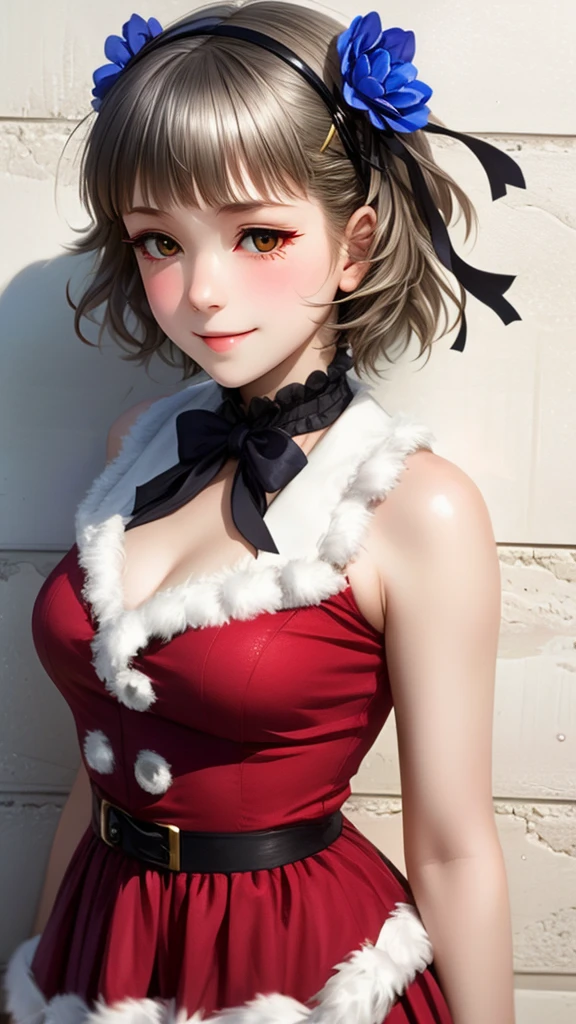 (((solo))), 1 woman, LOVELIVE! Sakuya Kurobane, sakuyaunif, kurobane_sakuya, short hair, grey hair, black hairband, blue hair flower, brown eyes, red eyeliner, chest, blush, smile, (upper body), santa claus