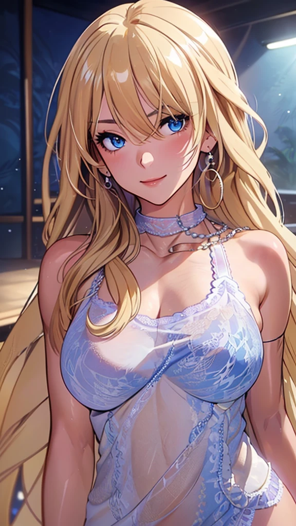 A masterpiece of the highest order, ultra high precision, ultra high image quality, 8K quality, realistic anime style, a woman, a perfect woman with the best anatomical and ergonomic face and body, a well-proportioned face and body, (((Long hair:1.3))), (((Blue colored highlights hair:1.2))), (((shiny Blonde hair:1.2))), (((long bangs:1.2))), a slim face, ((narrow deep clear Blue eyes:1.2)), (((deep glossy and shining eyes))), (((eyes with highlights))), (((very long eyelashes))), thin red lips, a tall and slender body, (very large and heavy breasts:1.4), tight waist, large hips, white skin, moist and lustrous skin, (((Sexy purple see-through dress))), (((slit Lace Dress:1.2))), (((large earrings))), (((Pearl necklaces:1.2))), (((bangles, rings))), (((beautiful smile))), mysterious atmosphere, great presence, ((upper body, sexy pose))
