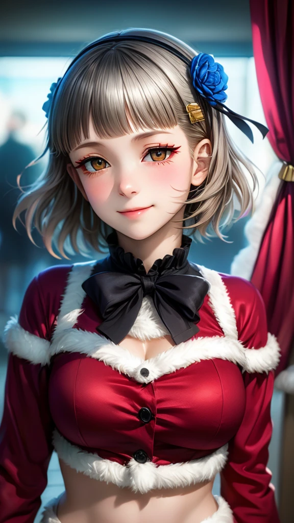 (((solo))), 1 woman, LOVELIVE! Sakuya Kurobane, sakuyaunif, kurobane_sakuya, short hair, grey hair, black hairband, blue hair flower, brown eyes, red eyeliner, chest, blush, smile, (upper body), santa claus