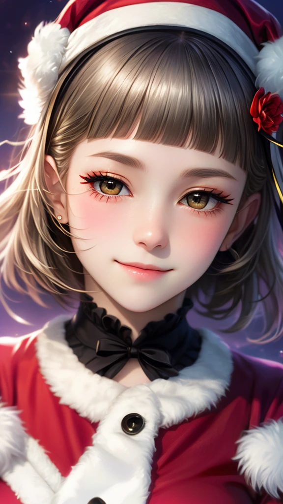 (((solo))), 1 woman, LOVELIVE! Sakuya Kurobane, sakuyaunif, kurobane_sakuya, short hair, grey hair, black hairband, blue hair flower, brown eyes, red eyeliner, chest, blush, smile, (upper body), santa claus