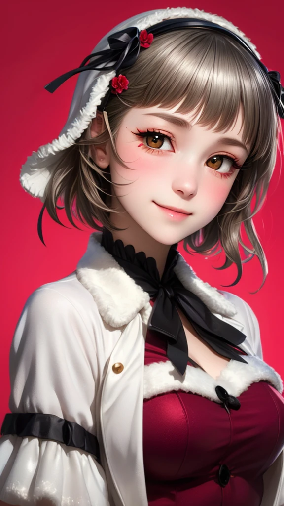 (((solo))), 1 woman, LOVELIVE! Sakuya Kurobane, sakuyaunif, kurobane_sakuya, short hair, grey hair, black hairband, blue hair flower, brown eyes, red eyeliner, chest, blush, smile, (upper body), santa claus