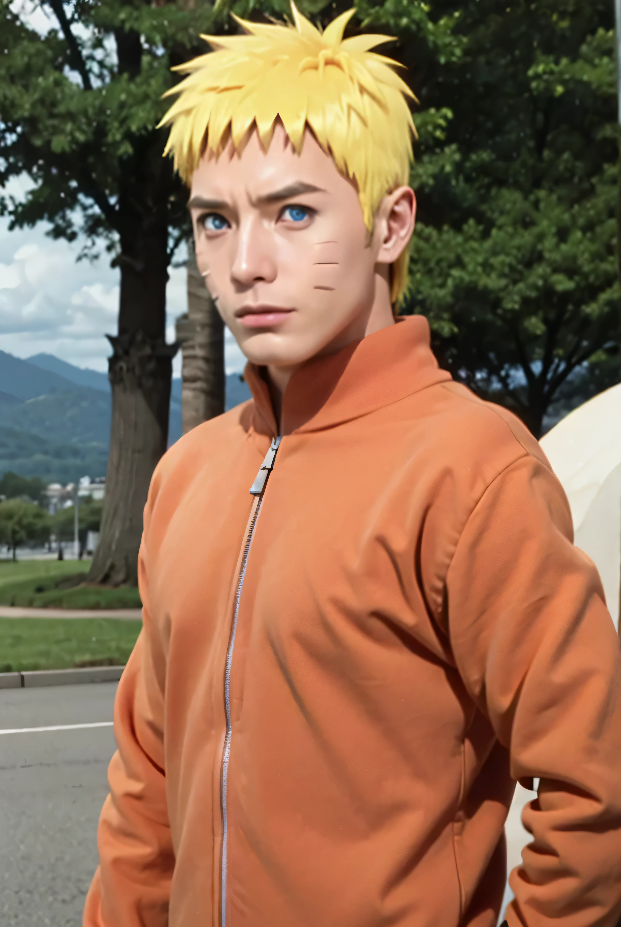 narutouzumaki, naruto uzumaki, uzumaki naruto, blue eyes, blonde hair, male focus, facial mark, whisker markings, short hair,
BREAK long sleeves, jacket, orange jacket, pants, black pants,
BREAK outdoors, nature, forest, grass, sky, sun, clouds,
BREAK looking at viewer,
BREAK (masterpiece:1.2), best quality, high resolution, unity 8k wallpaper, (illustration:0.8), (beautiful detailed eyes:1.6), extremely detailed face, perfect lighting, extremely detailed CG, (perfect hands, perfect anatomy),