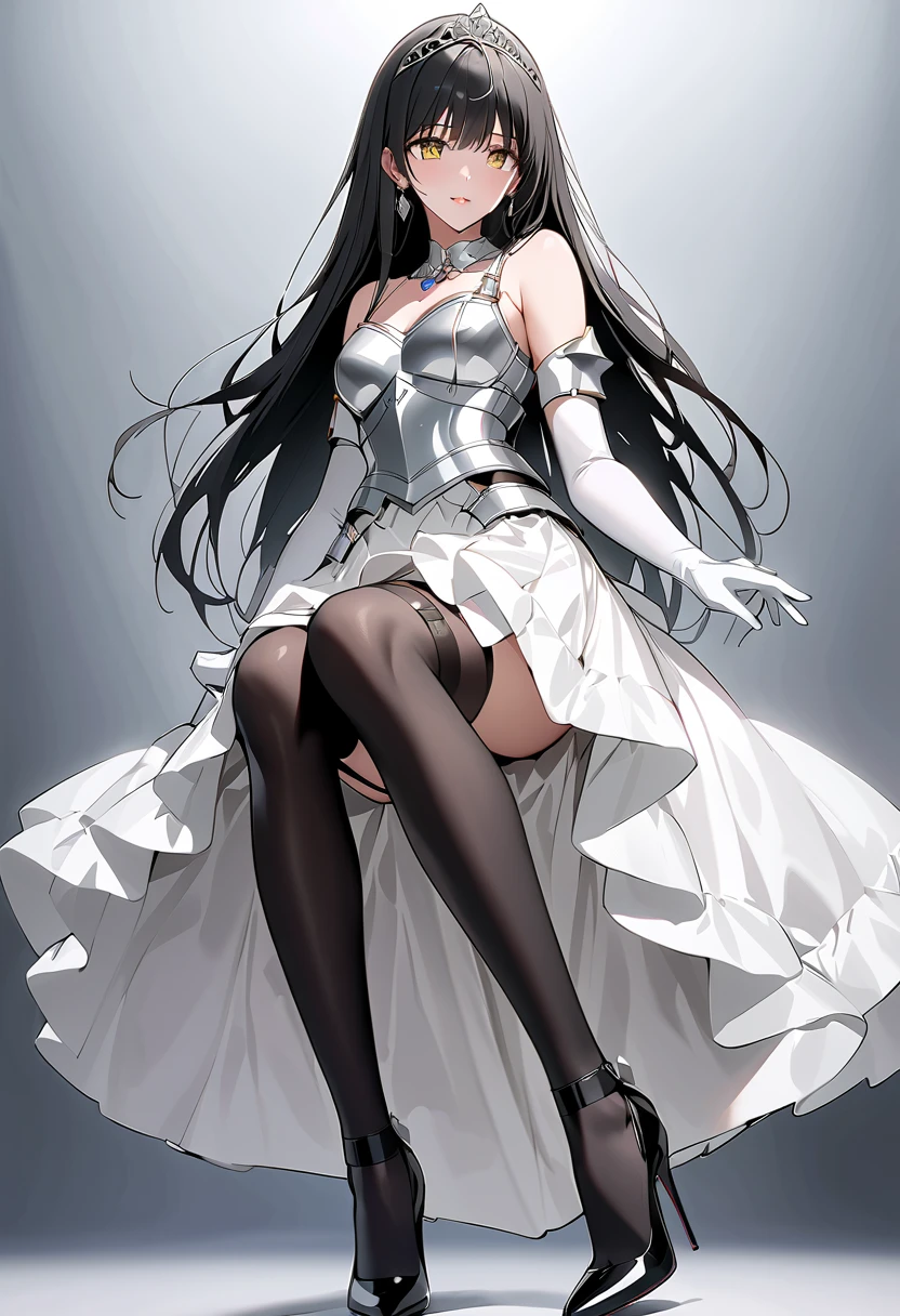 ((masterpiece)),  best quality,  beautiful adult woman,  Very detailed,( one woman), Yui Furukawa,  yellow eyes, Long Hair,  black hair, Black and white dress,  long skirt, (( white knee socks like Arcelle )), Gloves,  jewelry,  clevis,  Princess Dress , elbow Gloves,  tiara , brooch, white Gloves、((( long skirtの下に, black stockings ,Garter belt))), (((black strappy stiletto heels))), Adult women、thin、 VERY BEAUTIFUL、 Facial beauty、 long skirt、(((black and white armor、breastplate、Shiny Armor:1.2)))、 holding a bow、 Gold Earrings 、 black hair,  yellow eyes,  pink lips、whole body