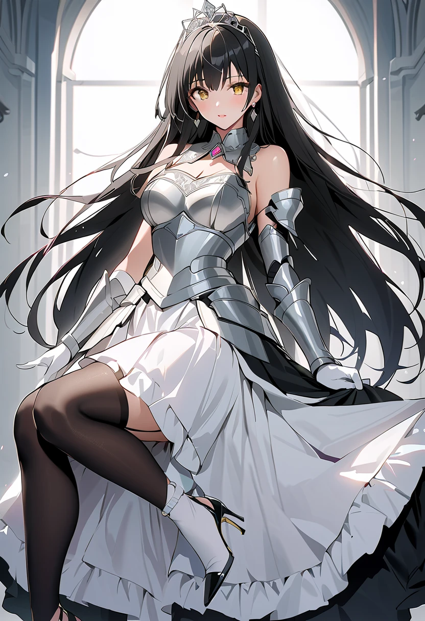 ((masterpiece)),  best quality,  beautiful adult woman,  Very detailed,( one woman), Yui Furukawa,  yellow eyes, Long Hair,  black hair, Black and white dress,  long skirt, (( white knee socks like Arcelle )), Gloves,  jewelry,  clevis,  Princess Dress , elbow Gloves,  tiara , brooch, white Gloves、((( long skirtの下に, black stockings ,Garter belt))), (((black strappy stiletto heels))), Adult women、thin、 VERY BEAUTIFUL、 Facial beauty、 long skirt、(((black and white armor、breastplate、Shiny Armor:1.2)))、 holding a bow、 Gold Earrings 、 black hair,  yellow eyes,  pink lips、whole body