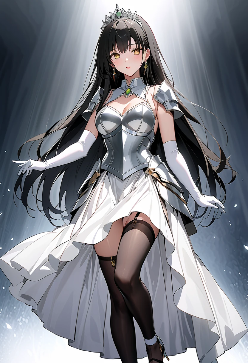 ((masterpiece)),  best quality,  beautiful adult woman,  Very detailed,( one woman), Yui Furukawa,  yellow eyes, Long Hair,  black hair, Black and white dress,  long skirt, (( white knee socks like Arcelle )), Gloves,  jewelry,  clevis,  Princess Dress , elbow Gloves,  tiara , brooch, white Gloves、((( long skirtの下に, black stockings ,Garter belt))), (((black strappy stiletto heels))), Adult women、thin、 VERY BEAUTIFUL、 Facial beauty、 long skirt、(((black and white armor、breastplate、Shiny Armor:1.2)))、 holding a bow、 Gold Earrings 、 black hair,  yellow eyes,  pink lips、whole body