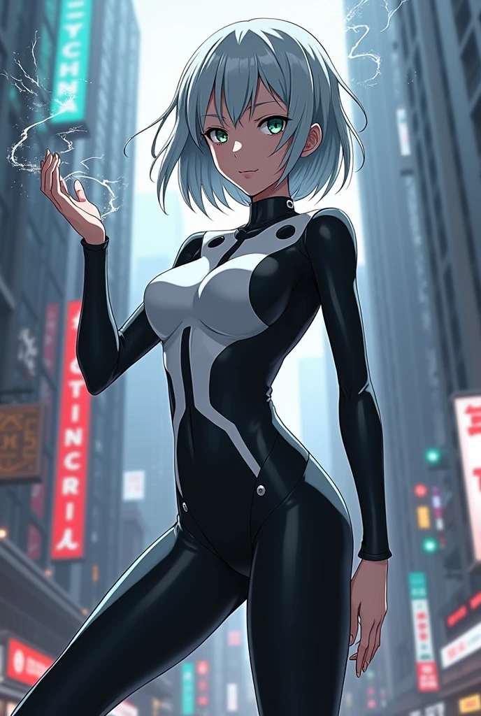 highest quality、Realistic、zoom、girl、Silver Hair、Light blue eyes、Very Short Hair、Hero Suit、Black shiny leotard、Brown Skin、Black body、Dark skin、Black Chest、Sweat、smile、