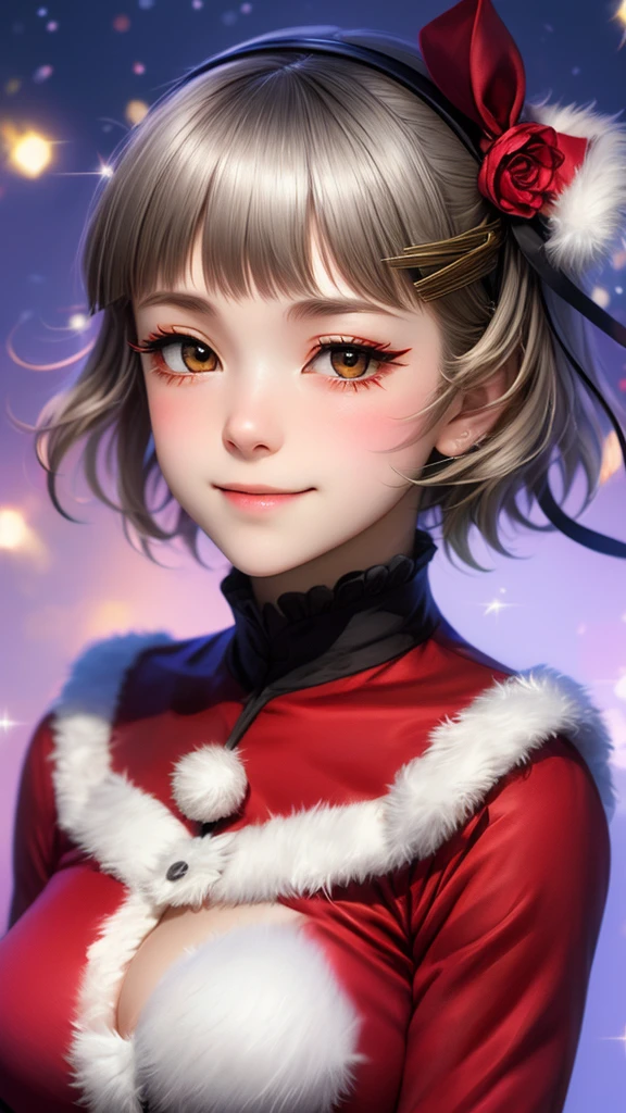 (((solo))), 1 woman, LOVELIVE! Sakuya Kurobane, sakuyaunif, kurobane_sakuya, short hair, grey hair, black hairband, blue hair flower, brown eyes, red eyeliner, chest, blush, smile, (upper body), santa claus