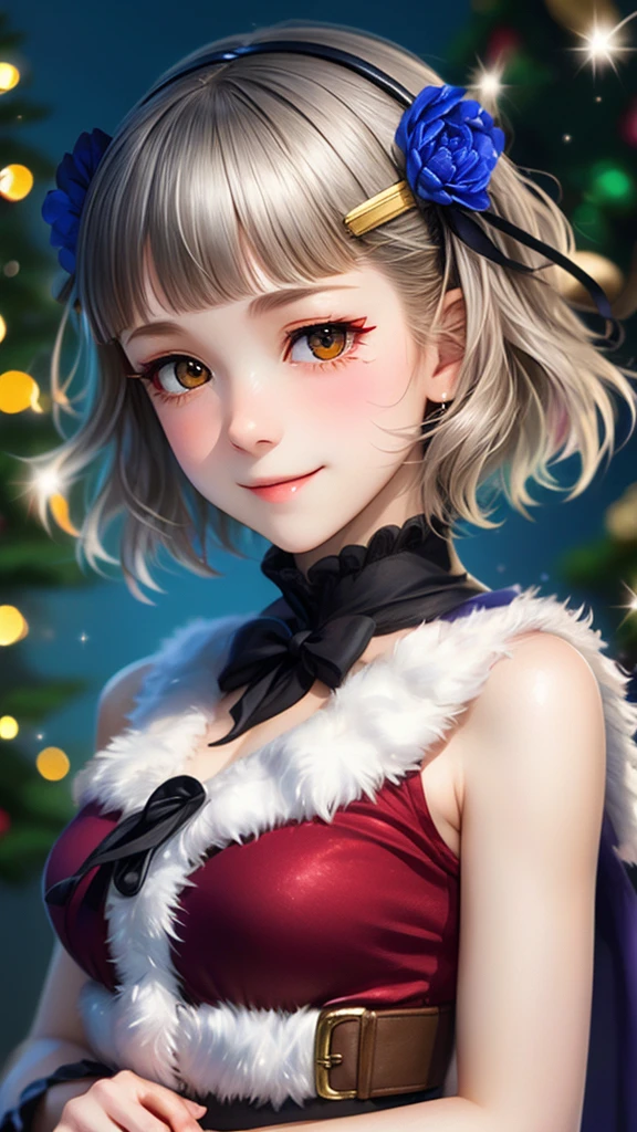 (((solo))), 1 woman, LOVELIVE! Sakuya Kurobane, sakuyaunif, kurobane_sakuya, short hair, grey hair, black hairband, blue hair flower, brown eyes, red eyeliner, chest, blush, smile, (upper body), santa claus