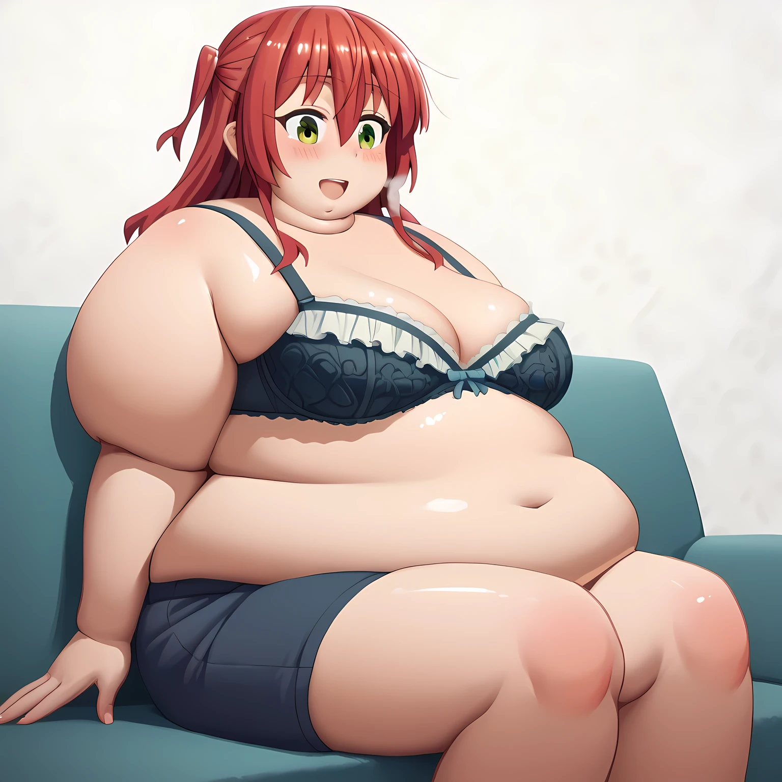 ikuyo kita, green eyes, hair between eyes, long hair, one side up, red hair, flat breast, brack bra, lace bra, frilled bra, boxers, blush, smile, agura, indian style, sitting, shiny skin, indoor, house, sofa, solo, from front, wide shot, (masterpiece, best quality, high resolution, ultra-detailed:1.3), perfect fingers, detailed background, anime fat, chubby, obese, gigantic arms and legs, large breasts open mouth, out of breath