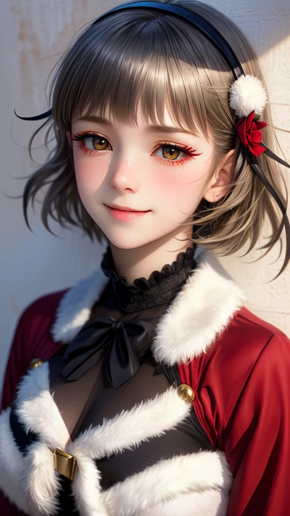 (((solo))), 1 woman, LOVELIVE! Sakuya Kurobane, sakuyaunif, kurobane_sakuya, short hair, grey hair, black hairband, blue hair flower, brown eyes, red eyeliner, chest, blush, smile, (upper body), santa claus