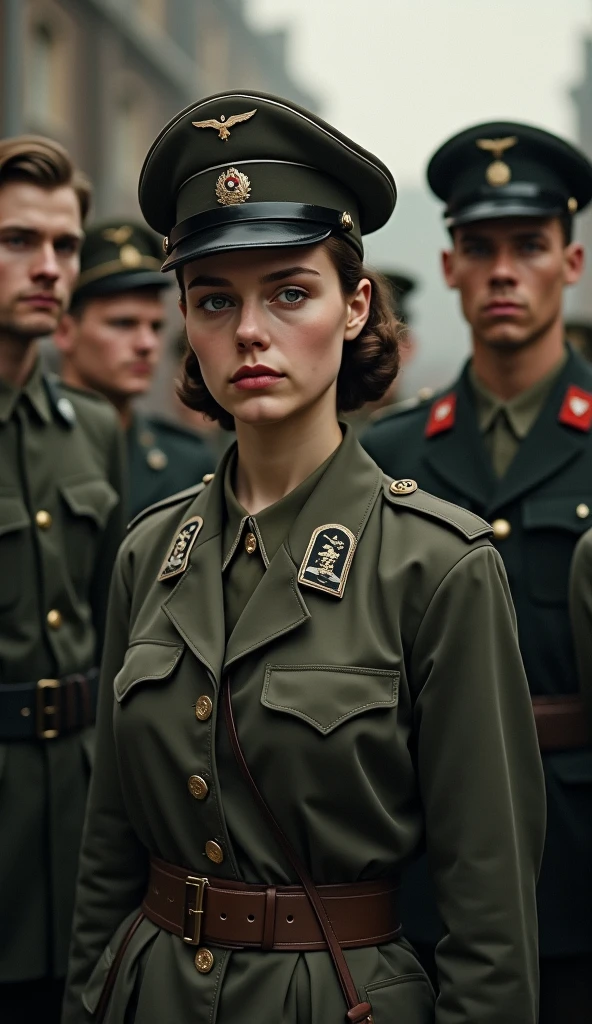 Irma Grese in SS Uniform: A realistic, detailed image of Irma Grese in her SS uniform, standing in the middle of Auschwitz concentration camp, with a stern and cruel expression.

