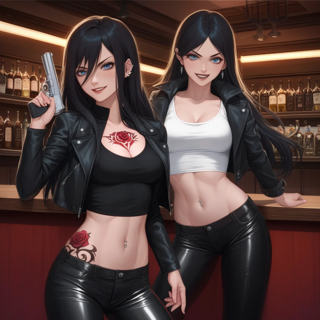 asuka tanaka, long hair, black hair, blue eyes, hair between eyes, ear piercing, long hair, blush, lipstick,Hot girl, baddie, smoking, sensual, attractive ,bar background, inside bar,indoors, masterpiece, best quality, highly detailed, a girls with a gun, evil smile , open mouth, sexy gaze, badass
pose , evil smile, smile, (nsfw) not safe for work, guns blazing, anime girl with long hair, beautiful long
haired girl, navel, evil expression, exposed belly, exposed navel, exposed midriff, exposed lower belly,
long black pants, crop top, cleavage, unbuttoned leather pants ,open fly, low rise black leather pants,
leather jacket, holding a gun, holding pistol,, tattoo, tattoo midriff, rose tattoo, navel piercing, open
arms sideway, arms T-pose, smirk, standing, anime girl T posing