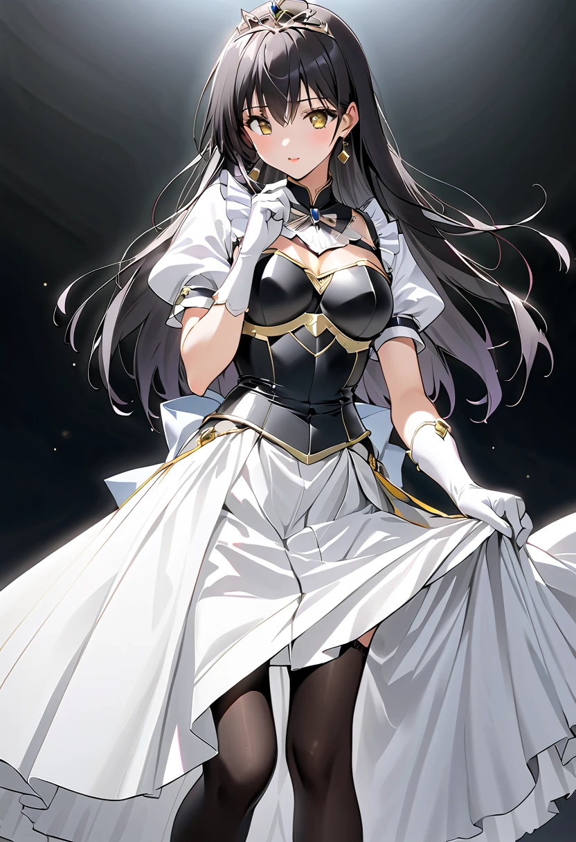 ((masterpiece)),  best quality,  beautiful adult woman,  Very detailed,( one woman), Yui Furukawa,  yellow eyes, Long Hair,  black hair, Black and white dress,  long skirt, (( white knee socks like Arcelle )), Gloves,  jewelry,  clevis,  Princess Dress , elbow Gloves,  tiara , brooch, white Gloves、((( long skirtの下に, black stockings ,Garter belt))), (((black strappy stiletto heels))), Adult women、thin、 VERY BEAUTIFUL、 Facial beauty、 long skirt、(((black and white armor、breastplate、Shiny Armor:1.2)))、 holding a bow、 Gold Earrings 、 black hair,  yellow eyes,  pink lips、whole body