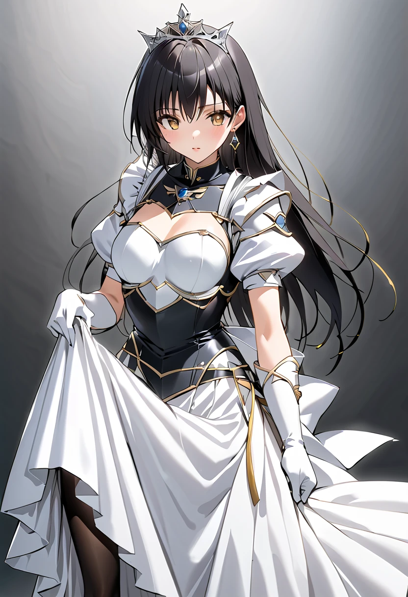 ((masterpiece)),  best quality,  beautiful adult woman,  Very detailed,( one woman), Yui Furukawa,  yellow eyes, Long Hair,  black hair, Black and white dress,  long skirt, (( white knee socks like Arcelle )), Gloves,  jewelry,  clevis,  Princess Dress , elbow Gloves,  tiara , brooch, white Gloves、((( long skirtの下に, black stockings ,Garter belt))), (((black strappy stiletto heels))), Adult women、thin、 VERY BEAUTIFUL、 Facial beauty、 long skirt、(((black and white armor、breastplate、Shiny Armor:1.2)))、 holding a bow、 Gold Earrings 、 black hair,  yellow eyes,  pink lips、whole body