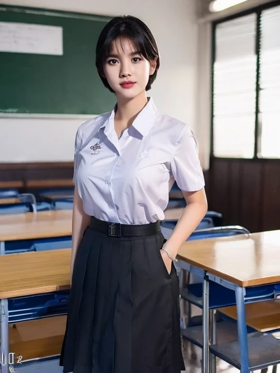 (photorealistic:1.4),Best quality, masterpiece ,Thai classroom, 1girl ,(mathayom uniform),white shirt short sleeves,(black pleated long skirt:1.2),short hair , Pretty thai girl short hair , big breasts , The shirt is tight , big tits