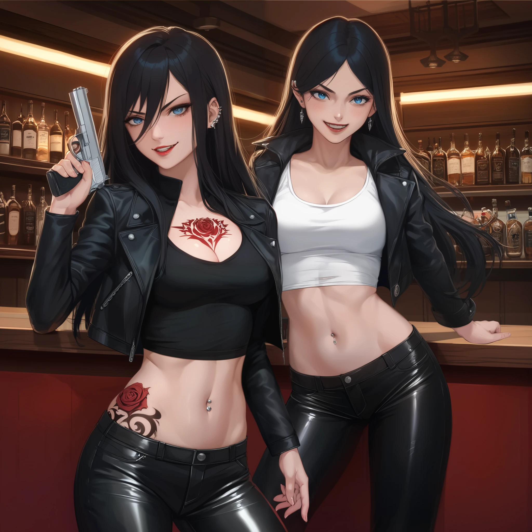 asuka tanaka, long hair, black hair, blue eyes, hair between eyes, ear piercing, long hair, blush, lipstick,Hot girl, baddie, smoking, sensual, attractive ,bar background, inside bar,indoors, masterpiece, best quality, highly detailed, a girls with a gun, evil smile , open mouth, sexy gaze, badass
pose , evil smile, smile, (nsfw) not safe for work, guns blazing, anime girl with long hair, beautiful long
haired girl, navel, evil expression, exposed belly, exposed navel, exposed midriff, exposed lower belly,
long black pants, crop top, cleavage, unbuttoned leather pants ,open fly, low rise black leather pants,
leather jacket, holding a gun, holding pistol,, tattoo, tattoo midriff, rose tattoo, navel piercing, open
arms sideway, arms T-pose, smirk, standing, anime girl T posing