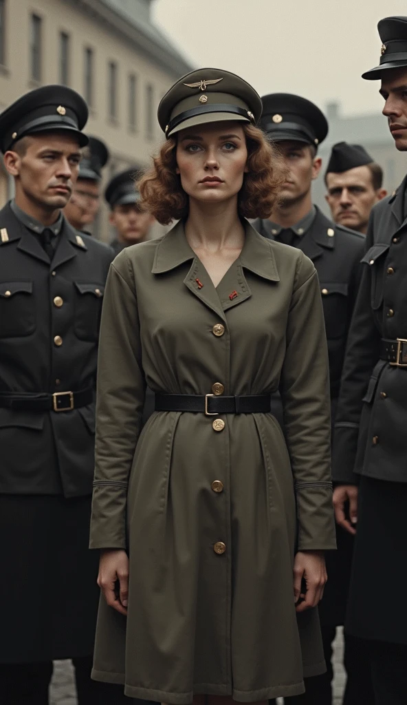 Year: 1944. Location: Germany. pre-raphaelite frenchwoman with honey hair, in a tiny prison cell, sikh skinny young woman, ((prisoners)) ((war)) ((terrified)), ((1940s grey unkempt clothes)) ((1940s hairstyle)) ((in the style of "OMITB")) ((cinematic style))