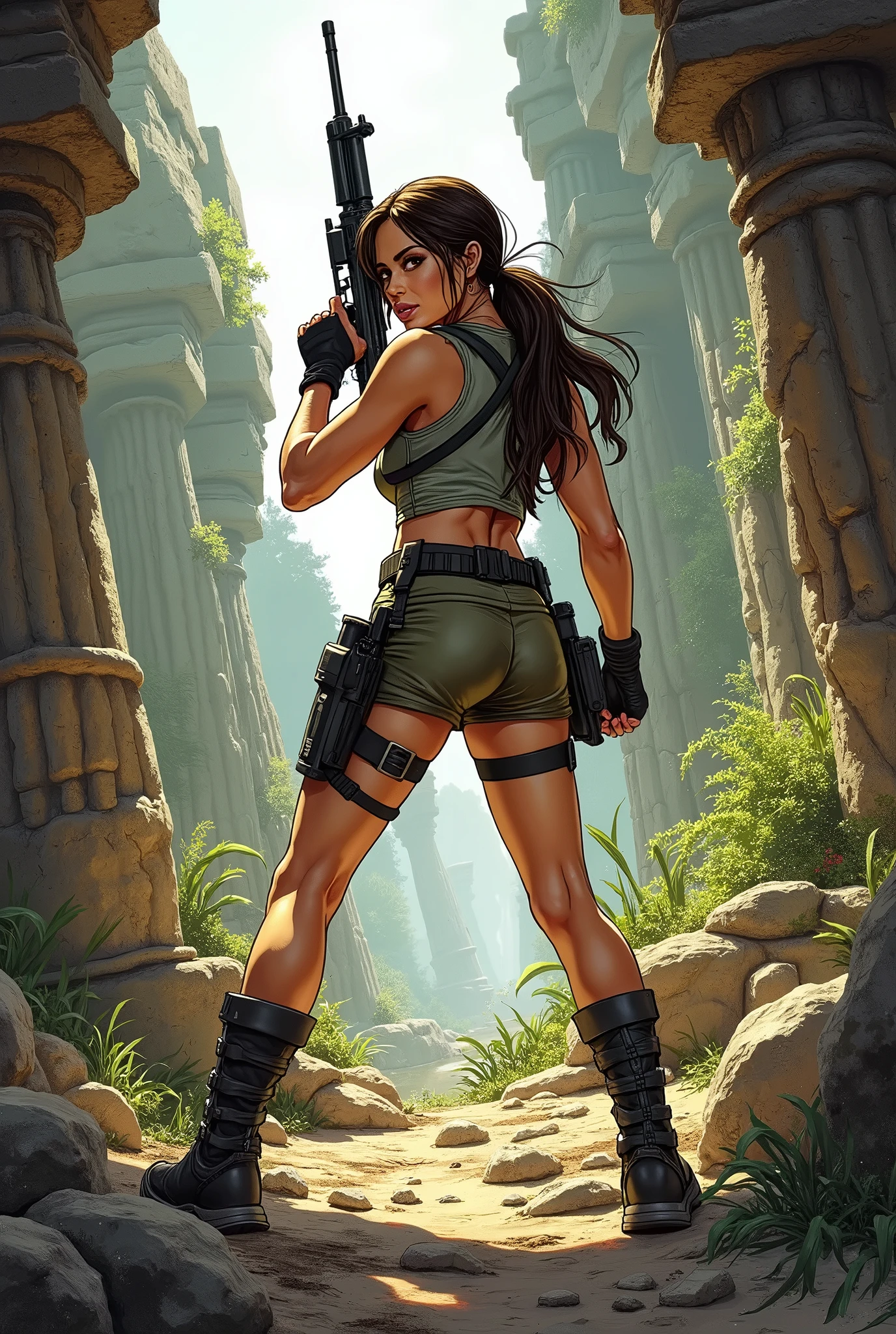 8k, digital painting, Comic Babes, a woman with a gun and a gun in her hand, Lara Croft, Lara Croft relaxing, portrait of Lara Croft, Tomb Raider, Tomb Raider setting, muscular sweat Lara Croft, Lara Croft eating durian, Tomb Raider beautiful, Lara Croft as spiderwoman, in the style of travis charest, shadow of the tomb knight, as illustrated in the main cow comics, wild woman doctor