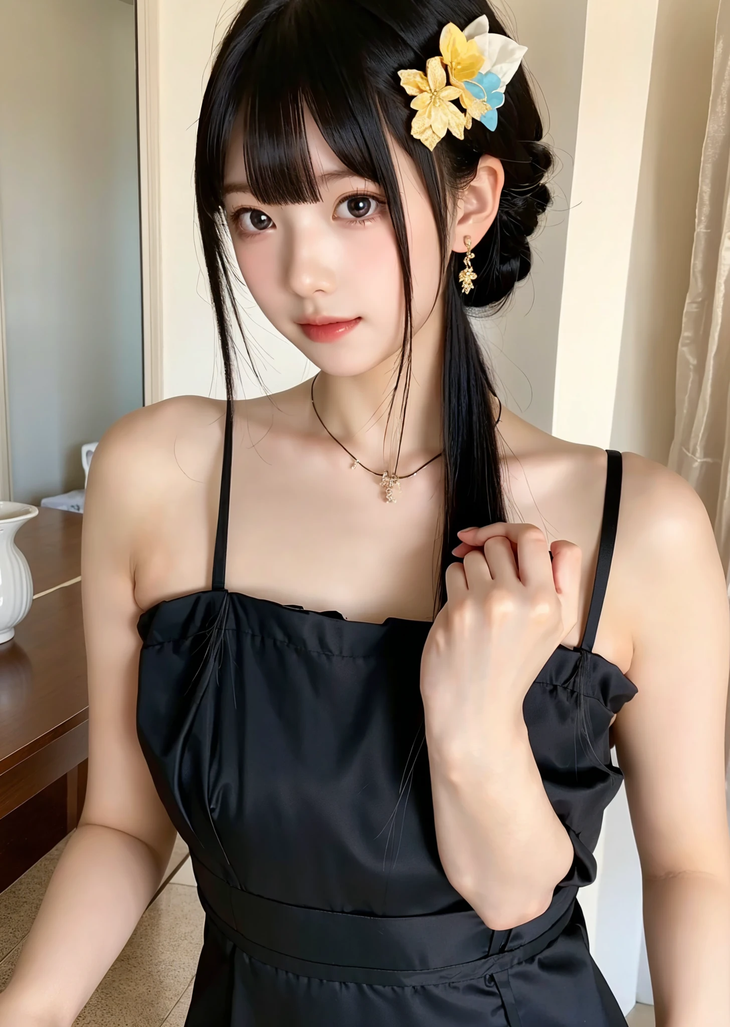 Maid,cute pretty girl,masterpiece,high definition,4k,8k,16k,odango hairstyle,black hair,slender body