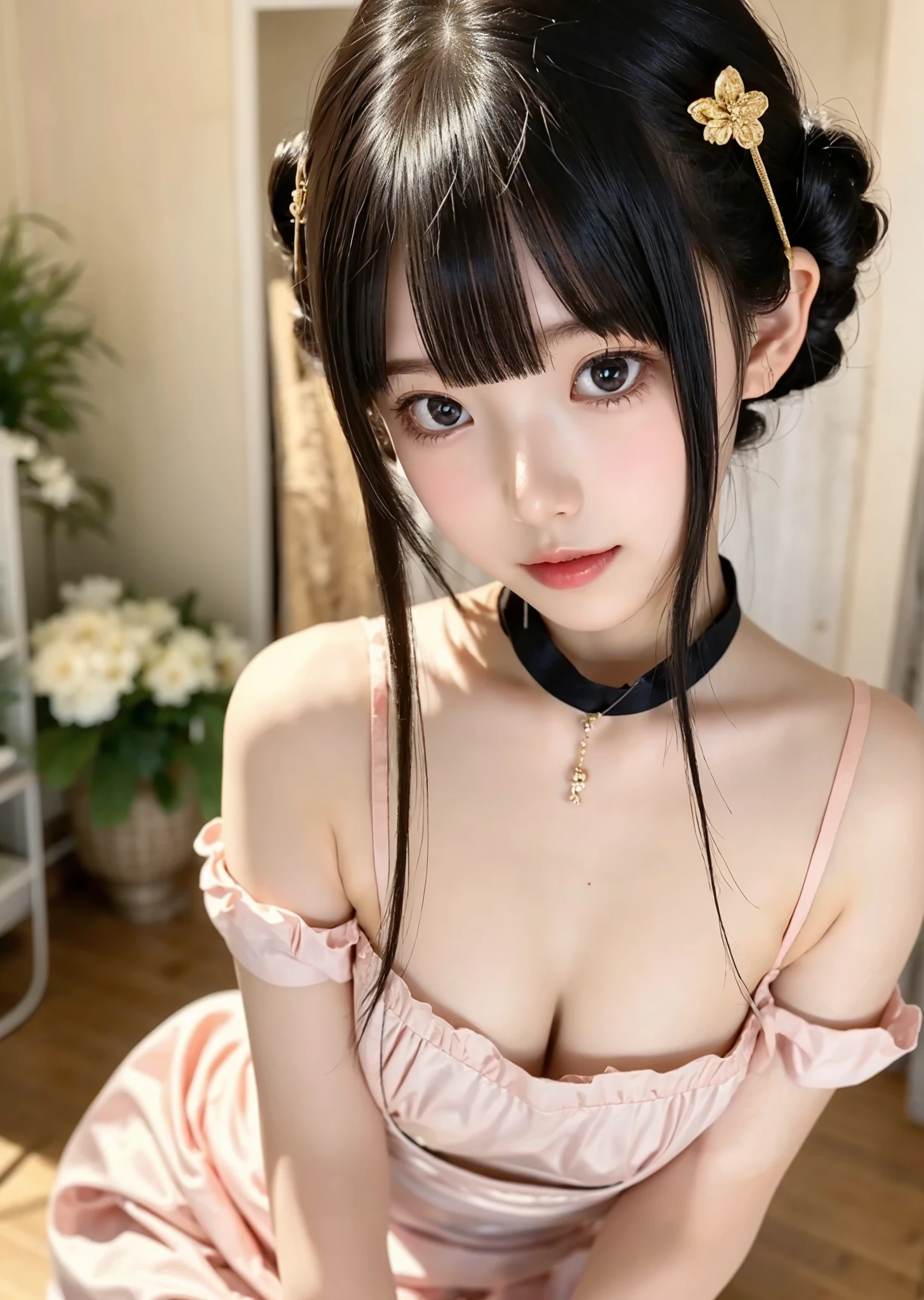 Maid,cute pretty girl,masterpiece,high definition,4k,8k,16k,odango hairstyle,black hair,slender body