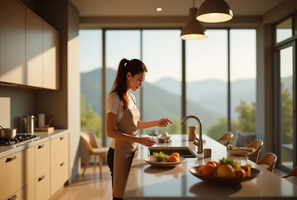 Lisamy is cooking in modern kitchen, landscape kitchen, angle into kitchen