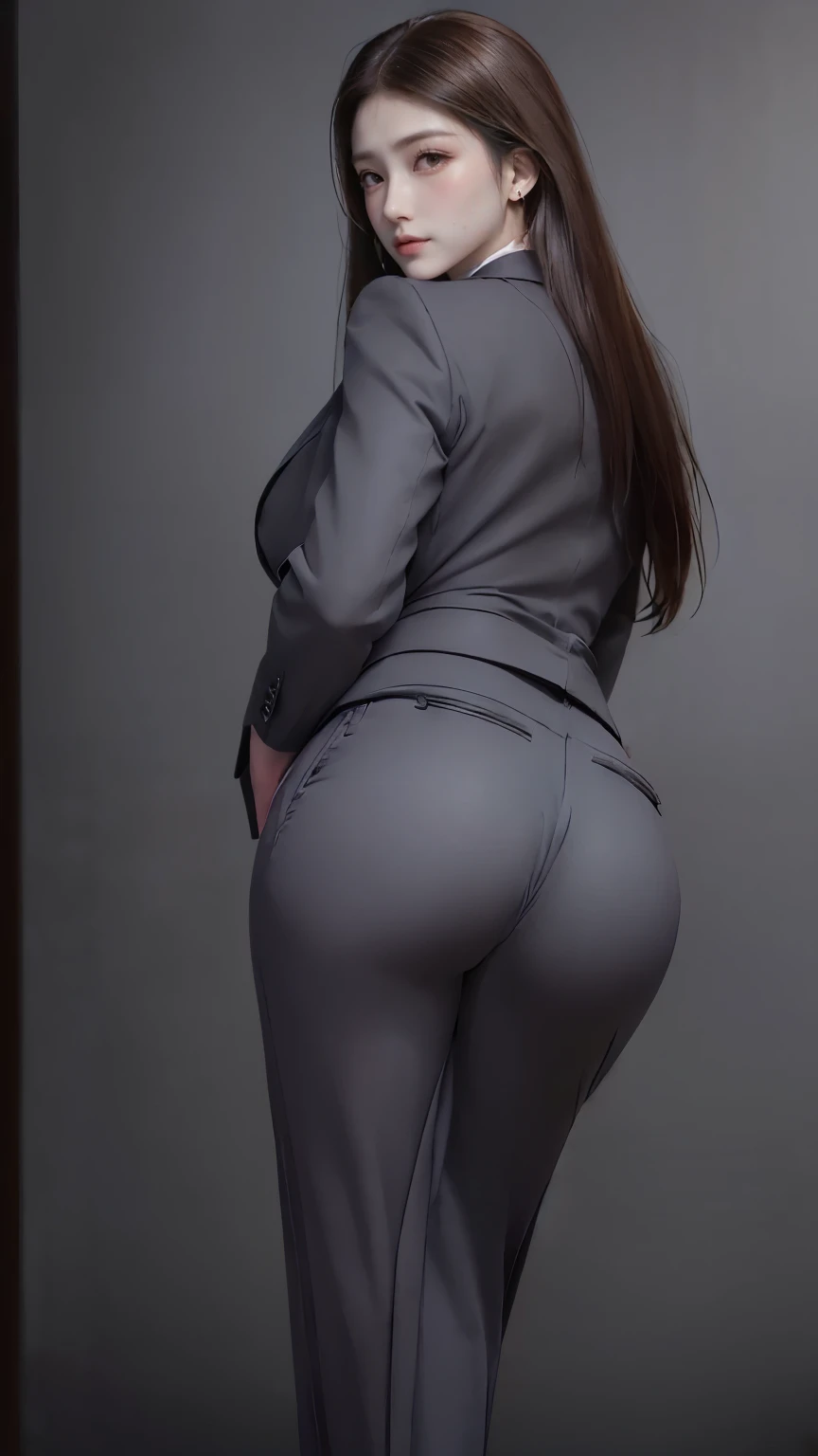 Best Quality, masterpiece, Ultra-high resolution, (Realistic:1.4), RAW Photos, Very detailed, Perfect Anatomy, One Woman, Age 25, ((Wearing dark grey business suit pants with buttocks facing up:1.6)), Shut your mouth., Show me your ass, ((Very beautiful brown hair, Long Hair)), (bangs),Very beautiful slender body, Very beautiful breasts, (Very beautiful ass in business suit pants), Very beautiful slim thighs, Very beautiful realistic skins,  (Beautiful big ass), Beautiful thighs, Beautiful ankles, ((Photo of a man in a business suit doing a high kick:1.4)), (barefoot)