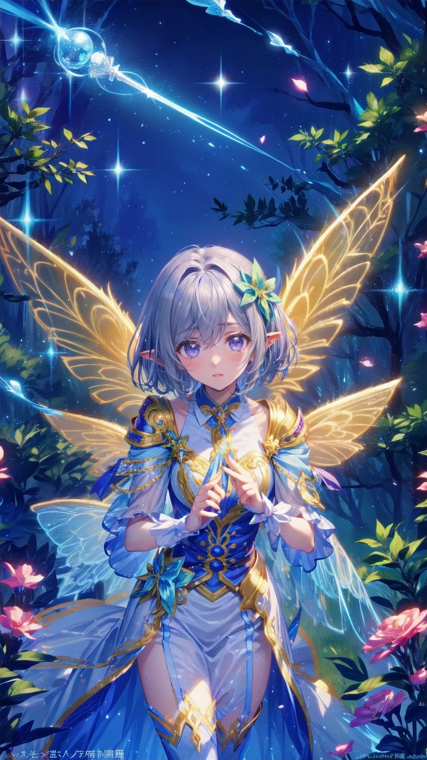 Fairies in fairy armor  ,  flying through an enchanted forest ,Shining fairy dust  ,  floating petals  ,  Filled with majestic sunlight  ,beautifully textured foliage, Magically glowing mushrooms , Twinkling Star ,   Dreamy Atmosphere  ,  Breathtaking Scenery  ,   Whimsical Details   ,  Shining ethereal wings  ,     Magical Girl waving a magic wand    , Enchanting creatures ,   Mysterious Atmosphere   ,Graceful Movement, Magical energy ,Tiny sparkling gems,   Dreamy Atmosphere  ,Quiet and sensual ,Celestial Beauty  ,Magical adventure,Attractive colors,Enchanted beings,Fairy tale setting,Magic Light ,Captivating Charm,   sex ,Magical Land,Fantasy-filled,Enchanting whispers,Floating and ethereal,Light and fluffy  ,  are mysterious and charming  , Trees covered with vines from another world 々々々, I am fascinated by colorful and vibrant  ,    Imagination  ,,Breathtaking flight,Playful and mischievous, Exquisite craftsmanship ,Whispering tree spirits, (pointy ears:1.3), Grey Hair,    Mikimoto Haruhiko's concept art , Kawasaki,    By Yoshitaka Amano   ,