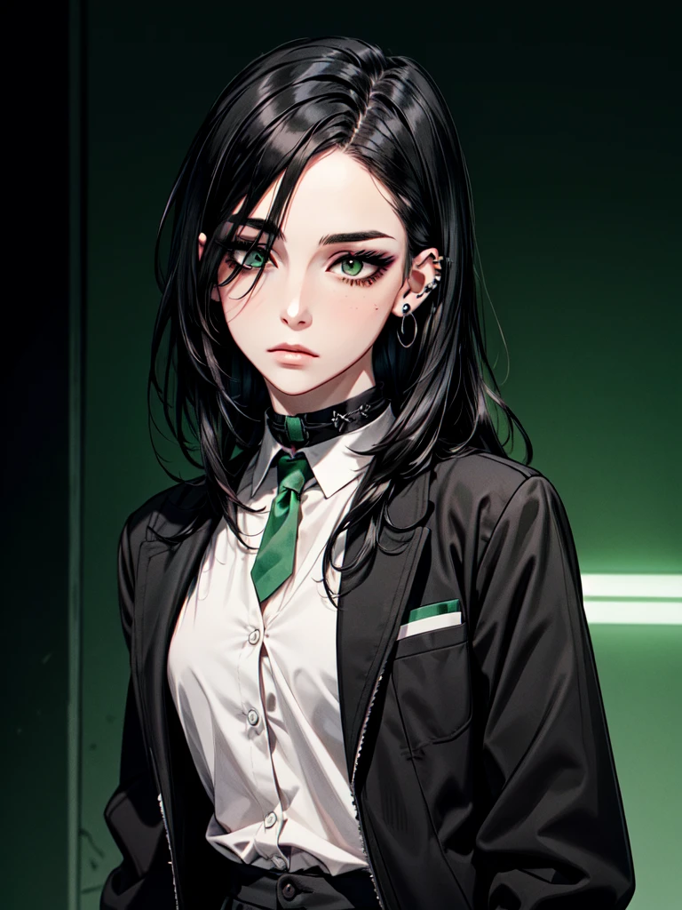 1girl, ((hair over eye)), (tight black lace blazer), black tie, ((long hair)), ((straight hair)), (((black hair))), side swept bangs, white skin, pale, white, (green eye), tired expression, choker, ((dark makeup, mascara, eyeshadow)), (mole under eye), multiple piercings, best quality, 8k, cyberpunk city, neon streets, white shirt, erotic, slytherin