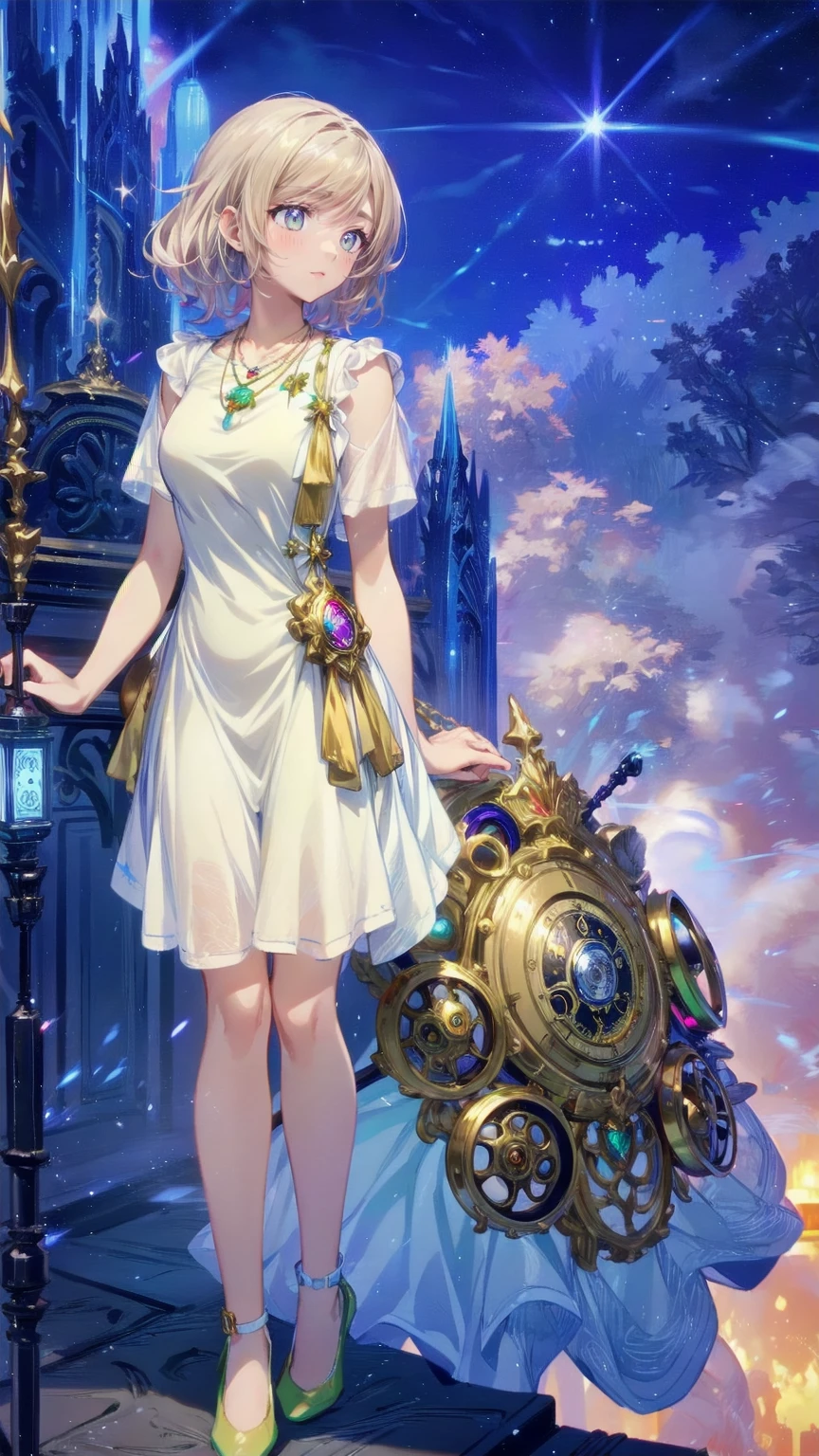 ,  The composition from head to toe ,   Full Body View ,(masterpiece:1.2), (  best quality:1.2),  超 high definition ,   super detailed, break, ((   An anime girl with a pocket watch in her hand is standing)),  Dreamy Beautiful Girl  ,   Smiling Lightly , ,   androgenic appeal  , Long Hair, ((Platinum Hair)),   messy hair, Small and soft breasts,Slender body,   small ass  , Small green eyes,  detailed and beautiful eyes  ,   Well Made Iris and Eyes   ,  's expressive eyes   ,   Beautifully Detailed Lips  ,   high definition ,  detailed hair ,  perfect eyes,   perfect face,   super high density skin  ,   Full Finger  ,  perfect lighting, break, (( Light Green Necklace )), ((  white dress:1.3)), Light green tie, Sparkling Sapphire, Lady,  Wear White Gloves , break, (Steampunk), Castle Balcony  , Skyscraper, Night view, gear, pipe, (Steam spewing out from pipes:1.2),   fantasy, break, (( Look forward:1.3)), break,    Digital Animation Art   ,  Anime Style Illustration  ,  Animated Illustration  