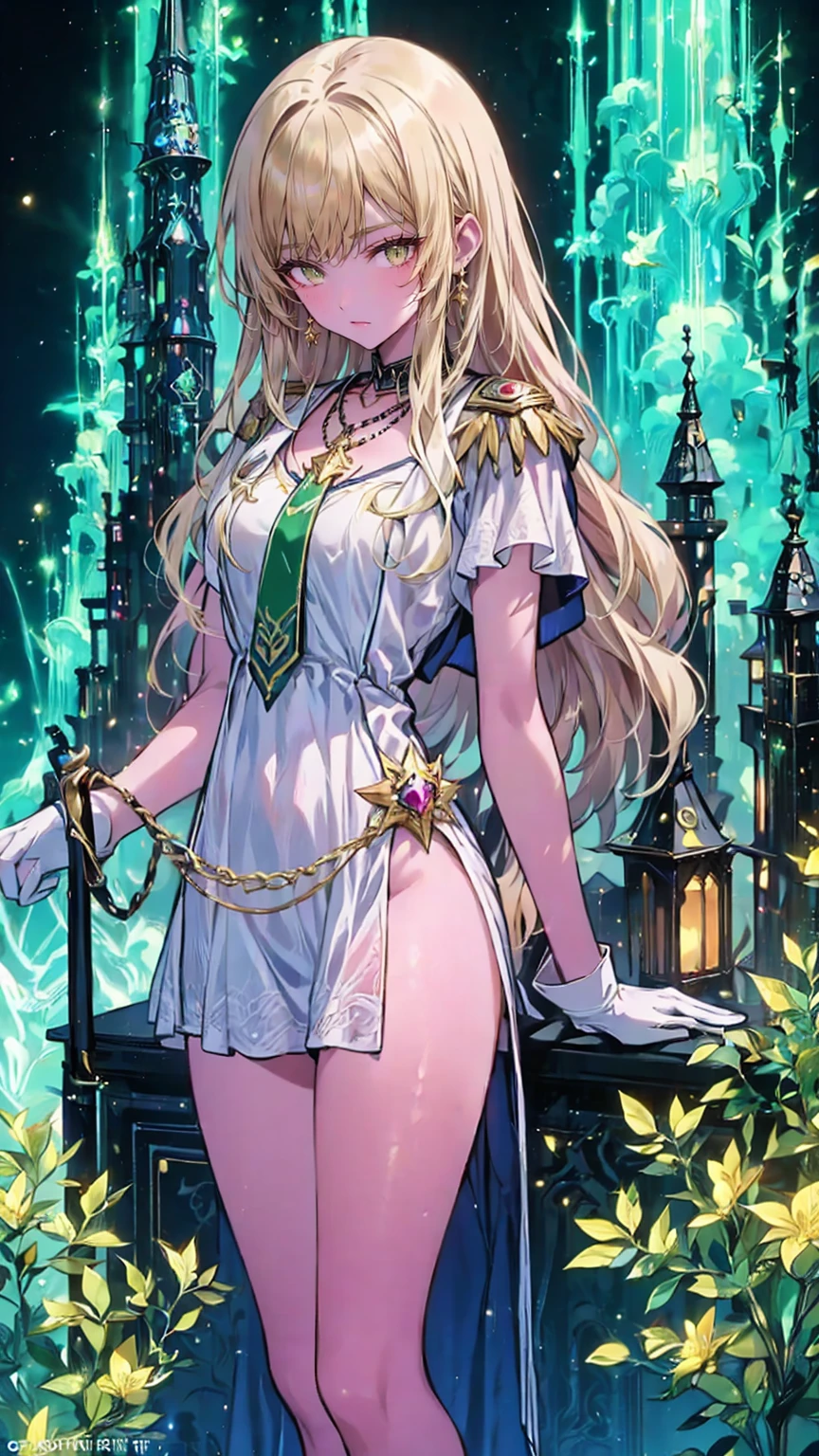 ,  The composition from head to toe ,   Full Body View ,(masterpiece:1.2), (  best quality:1.2),  超 high definition ,   super detailed, break, ((   An anime girl with a pocket watch in her hand is standing)),  Dreamy Beautiful Girl  ,   Smiling Lightly , ,   androgenic appeal  , Long Hair, ((Platinum Hair)),   messy hair, Small and soft breasts,Slender body,   small ass  , Small green eyes,  detailed and beautiful eyes  ,   Well Made Iris and Eyes   ,  's expressive eyes   ,   Beautifully Detailed Lips  ,   high definition ,  detailed hair ,  perfect eyes,   perfect face,   super high density skin  ,   Full Finger  ,  perfect lighting, break, (( Light Green Necklace )), ((  white dress:1.3)), Light green tie, Sparkling Sapphire, Lady,  Wear White Gloves , break, (Steampunk), Castle Balcony  , Skyscraper, Night view, gear, pipe, (Steam spewing out from pipes:1.2),   fantasy, break, (( Look forward:1.3)), break,    Digital Animation Art   ,  Anime Style Illustration  ,  Animated Illustration  