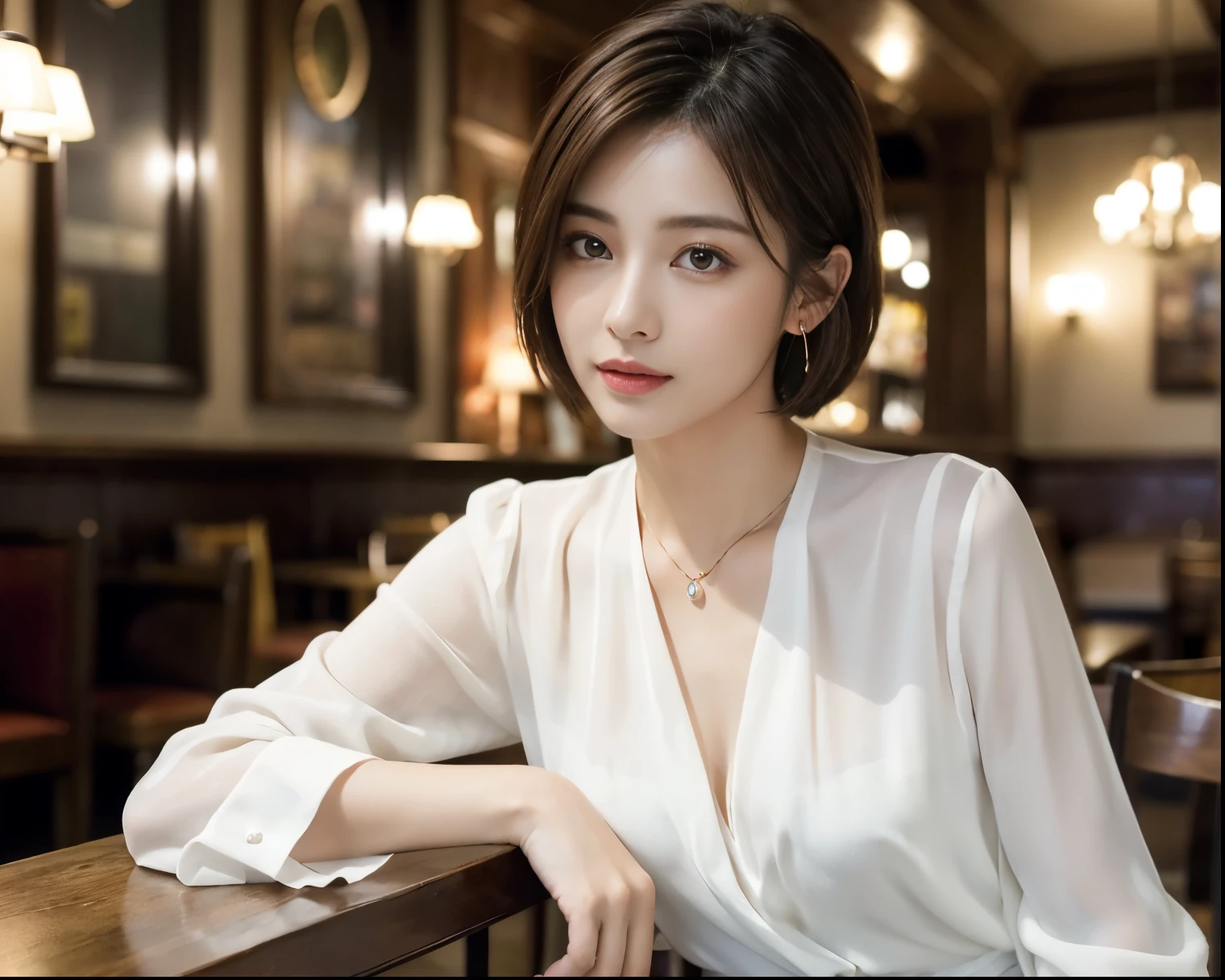 masterpiece, highest quality, Realistic, Very detailed, Finer details, High resolution, 8k wallpaper, One beautiful woman, Wear an elegant white see-through blouse, In a great restaurant, At night, Light brown shaggy haircut, Perfect dynamic composition, Beautiful and beautiful eyes、Big earrings、Sitting in a chair、