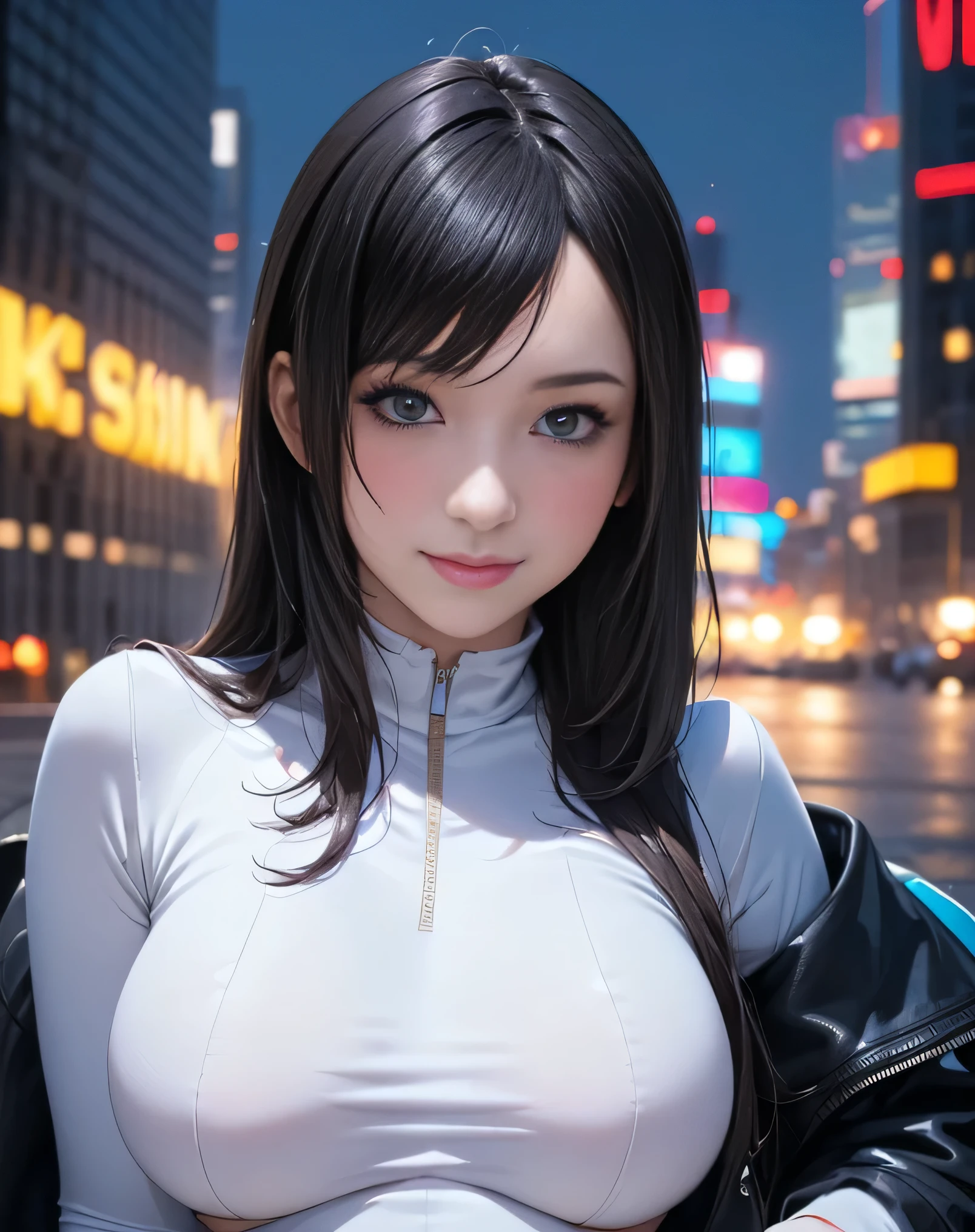 (Realistic:1.8),(High resolution:1.6),(1 girl:1.5),(solo:1.5),(Cool woman:1.2),(small face),(look at viewer:1.2),(Black hair:1.2),(long hair),(bangs:1.3),(slender),(large saggy breasts:1.5),(Future cyberpunk dark City:1.3),(Skyscrapers),(Full moon night),(large eyes),(Realistic eyes:1.3),(skin tight:1.5),(cyberpunk2077),(sexy:1.5),(cyberpunk White Bodysuit:1.2),(lewdness),(party girl:1.5),(Blushing),smile:1.3,full of confidence,