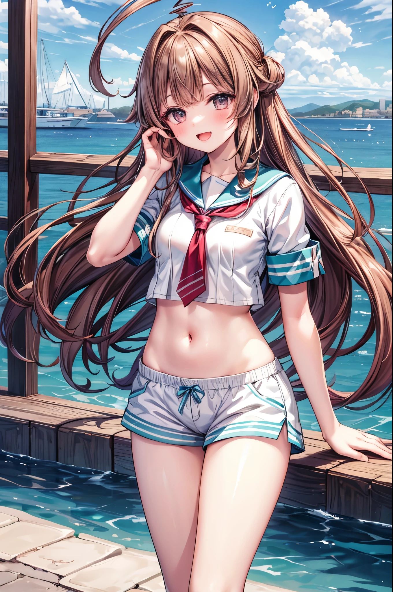 masterpiece, best quality, integrated scenery, integrated background, extremely delicate and beautiful, meticulous details, good composition, , cute face, perfect face, perfect hands,  1young_teen_ girl,  brown_hair, long_hair, sailor_uniform,white_ baggy_shorts, short_sleeve, thighs, small_breasts, big_smile, open_mouth, standing, harbor_background, slightly_spread_legs, happiness, covered_crotch,ahoge,XD,exciting,