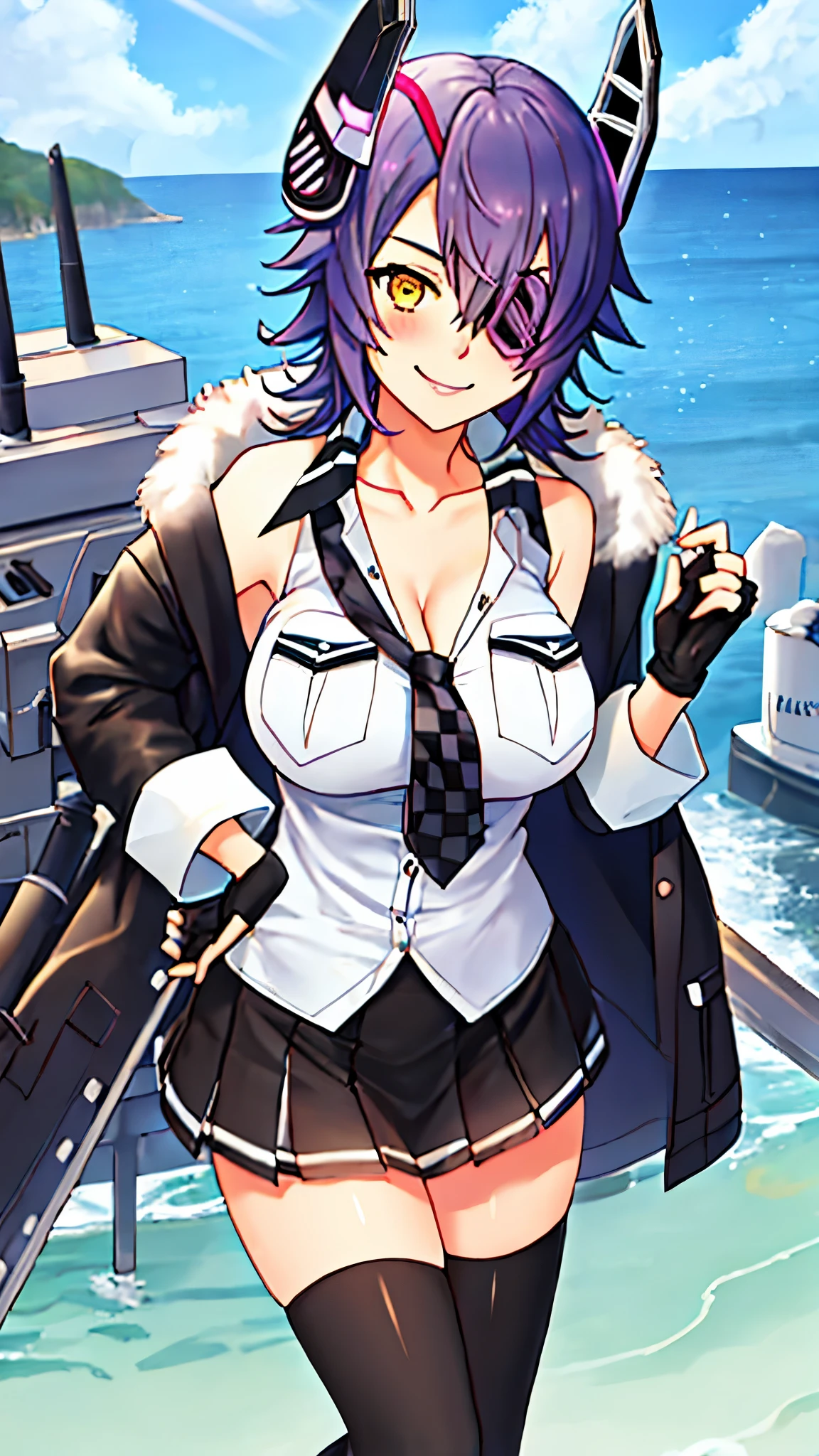 best quality, masterpiece, solo, {tenryuu_kantaicollection:1.15}, teen_girl, eyepatch, short_hair, purple_hair, yellow_eyes, headgear, breasts, necktie, large_breasts, smile, 1girl, blush, checkered_necktie, hair_over_one_eye, shirt, collared_shirt, white_shirt, jacket, sleeveless, brown_eyes, fur-trimmed_jacket, fur_trim, collarbone, looking_at_viewer, pocket, breast_pocket, ,, messy_hair, black_gloves, gloves, partially_fingerless_gloves,harbor_road_landscape_background,outdoor,short_skirt,thigh-highs,boots,sunlight,from_below