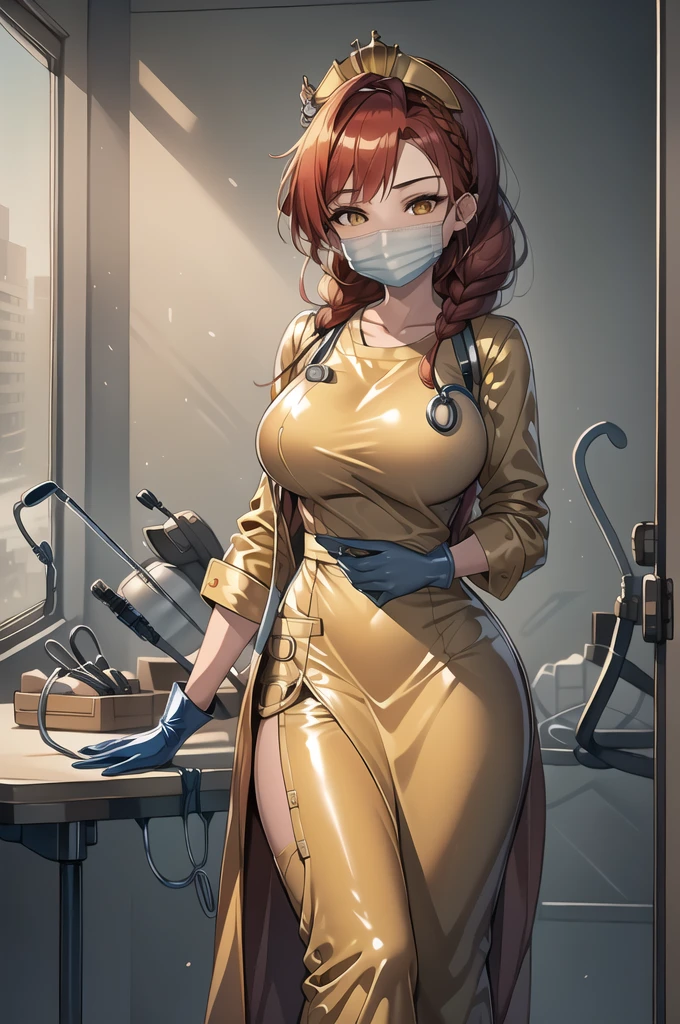 ((masterpiece, best quality, high quality)),1girl, , ((surgical outfit, surgical mask, long sleeves,long dress, surgical cap,latex gloves, folded hair)), (lydia granger, oc 07, 1girl, long hair, large breasts, yellow eyes, red hair, swept bangs, crown_braid),