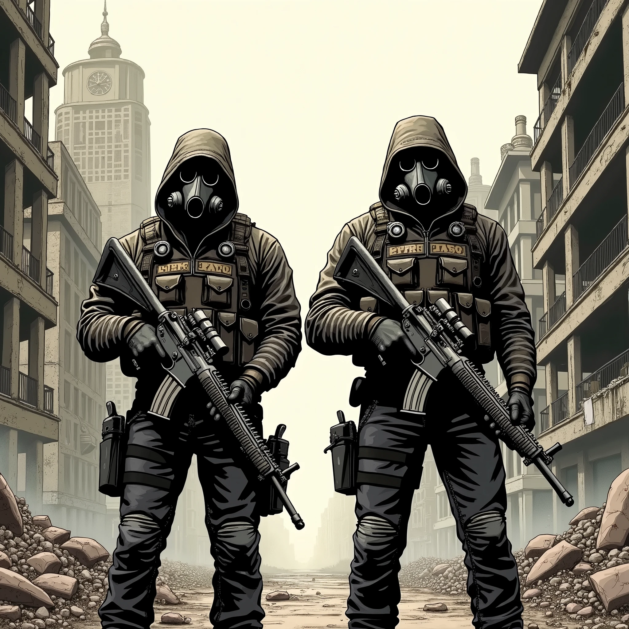 semi-realistic, front, bochen, guweiz, masterpiece, highres, highly detailed, (Post-apoc, postapoc_character), (A young black man with braids and bright lit eyes), 1boy, holding weapon, assault rifle, hood, gloves, armor, single, front view, front, hood, close, face