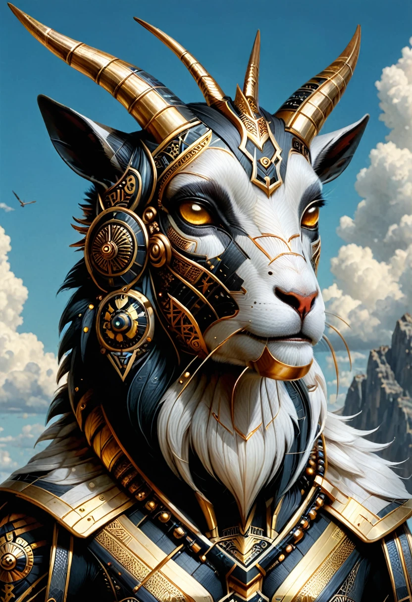 Close-up of a goat with a horned headdress against the sky, furry fantasy art, wonderful, by Kelenbeit, Awarded at cgsociety, furry digital art, Cat Warrior, 4K high-definition digital art, Dramatic cinematic detailed fur, Fantasy Epic Digital Art, g cgsociety, Epic fantasy digital art, Antro Digital Art