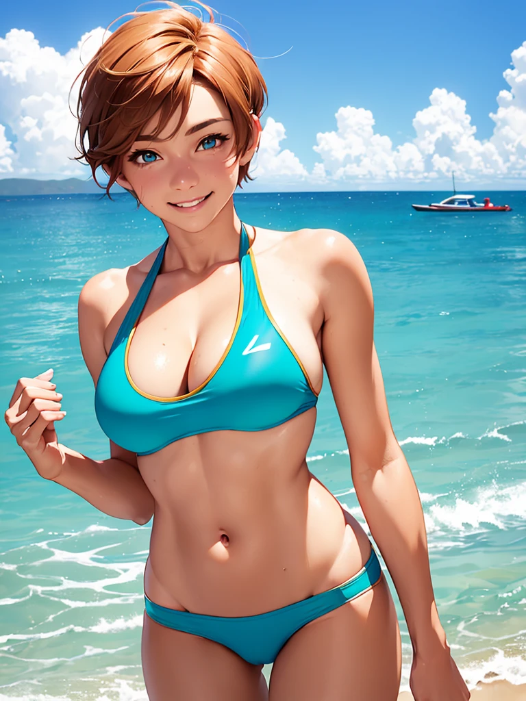 highest quality, Realistic, shemale, zoom, Chestnut Hair Turquoise Eyes, short hair, athlete, muscle, Sunburn, Tan Skin, Swimwear, smile, Ocean, looking down, Bust Shot, cleavage cutout, erection under clothes,