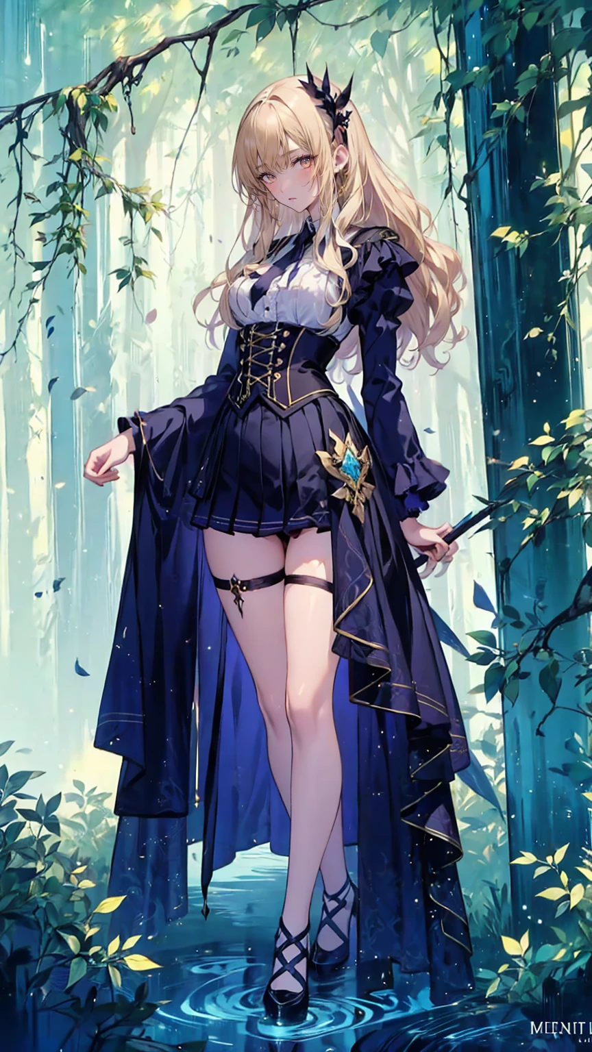 mini skirt robe、Beautiful female magician、blonde updo、((whole body))、(((photo taken from below)))、night forest
