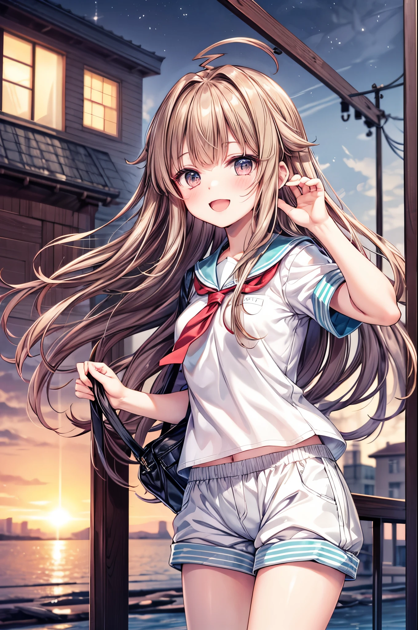 masterpiece, best quality, integrated scenery, integrated background, extremely delicate and beautiful, meticulous details, good composition, , cute face, perfect face, perfect hands,  1young_teen_ girl,  brown_hair, long_hair, sailor_uniform,white_ baggy_shorts, short_sleeve, thighs, small_breasts, big_smile, open_mouth, standing, harbor_background, slightly_spread_legs, happiness, covered_crotch,ahoge,XD,exciting,