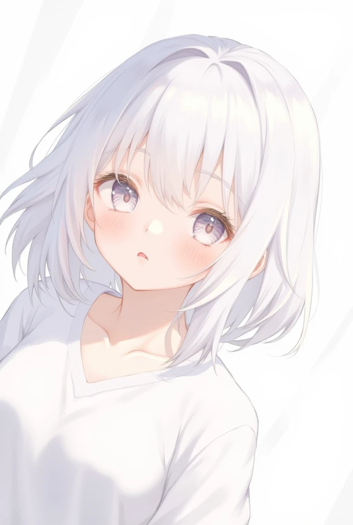 1girl, white theme, bright image, portrait, look up, closed eyes, white short hair, kawaii anime, soft color,