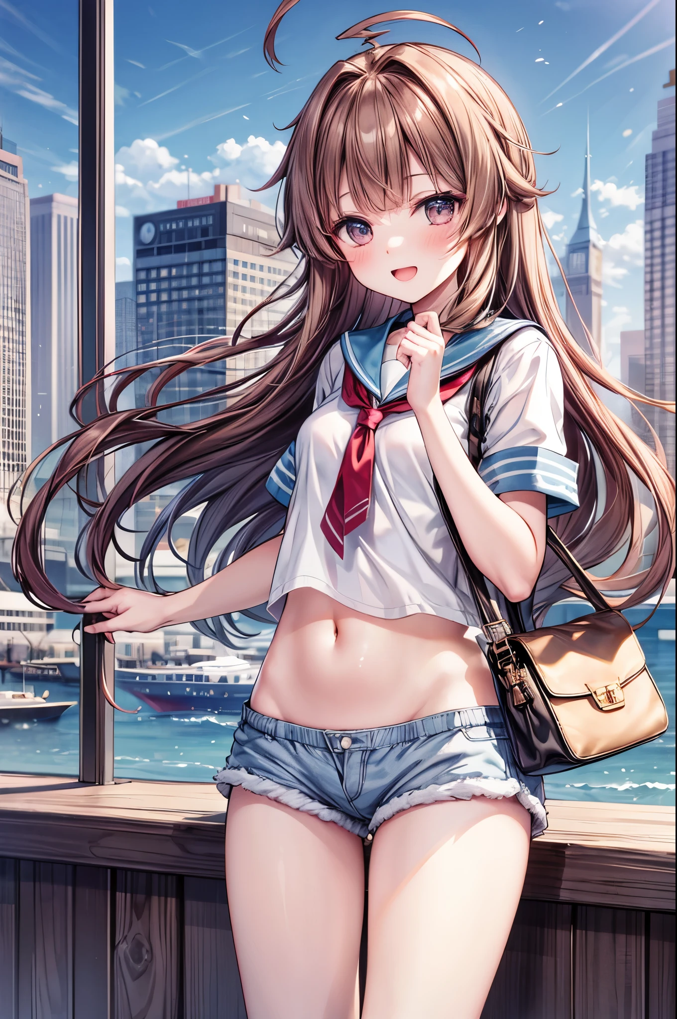 masterpiece, best quality, integrated scenery, integrated background, extremely delicate and beautiful, meticulous details, good composition, , cute face, perfect face, perfect hands,  1young_teen_ girl,  brown_hair, long_hair, sailor_uniform,white_ baggy_shorts, short_sleeve, thighs, small_breasts, big_smile, open_mouth, standing, harbor_background, slightly_spread_legs, happiness, covered_crotch,ahoge,XD,exciting,