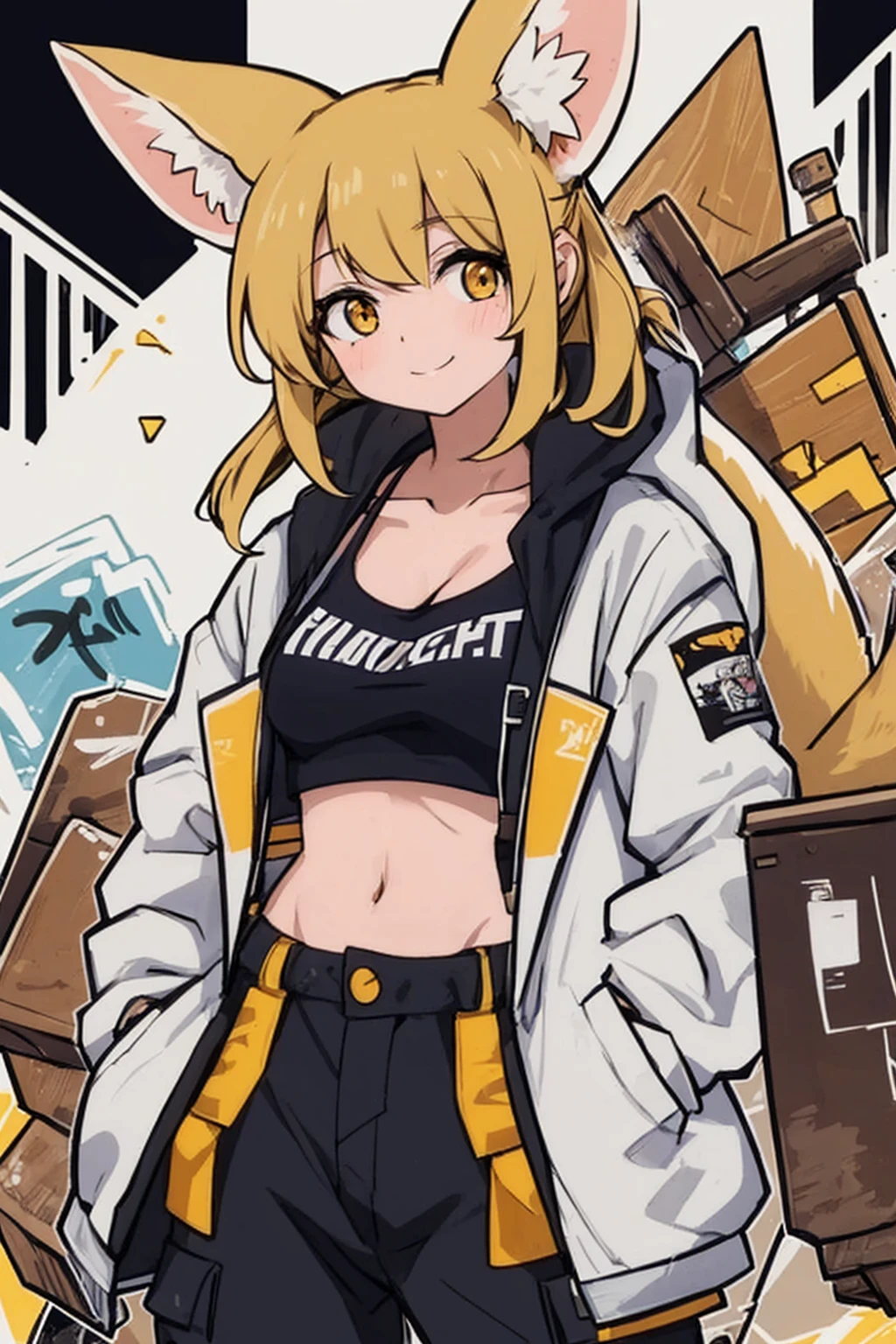 a mature 20 years old with H cup breasts, graffiti artist, with Fennec fox ears on her hair, and a fennec tail, she using a open bit oversized jacket, a crop top and cargo pants holding a spray can with eager smile, anime style