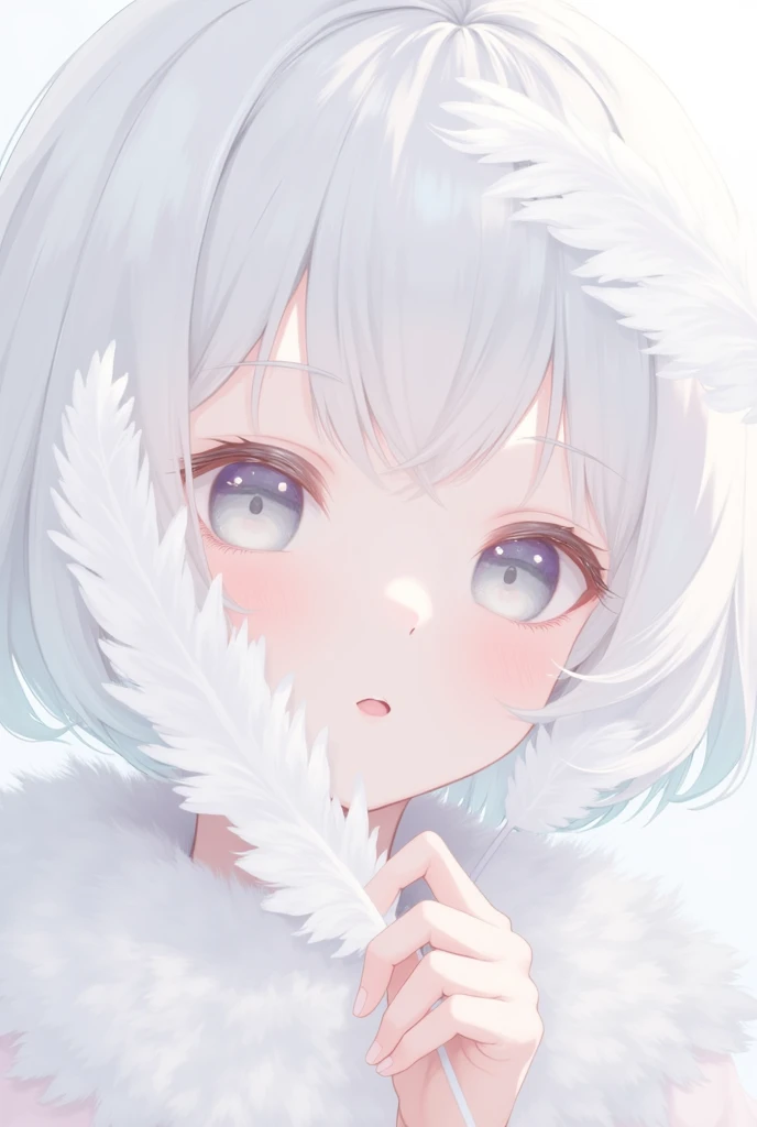 1girl, white theme, bright image, portrait, look up, closed eyes, white short hair, kawaii anime, soft color, A close-up of a person's face, partially obscured by delicate white feathers. 