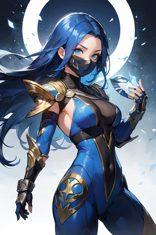 Compose a striking photography artwork featuring a Malay girl in hijab dressed as a superhero, blue superhero costume, wielding a blade as her weapon, caught in an intense and dynamic fighting action pose. Utilize dramatic lighting and high-speed photography techniques to freeze the action and highlight the details of her costume and blade. Incorporate a backdrop that conveys the urgency of the battle, with elements that enhance the heroic ambiance. Capture the strength and determination in her expression, emphasizing the empowerment and courage of this modern-day superheroine