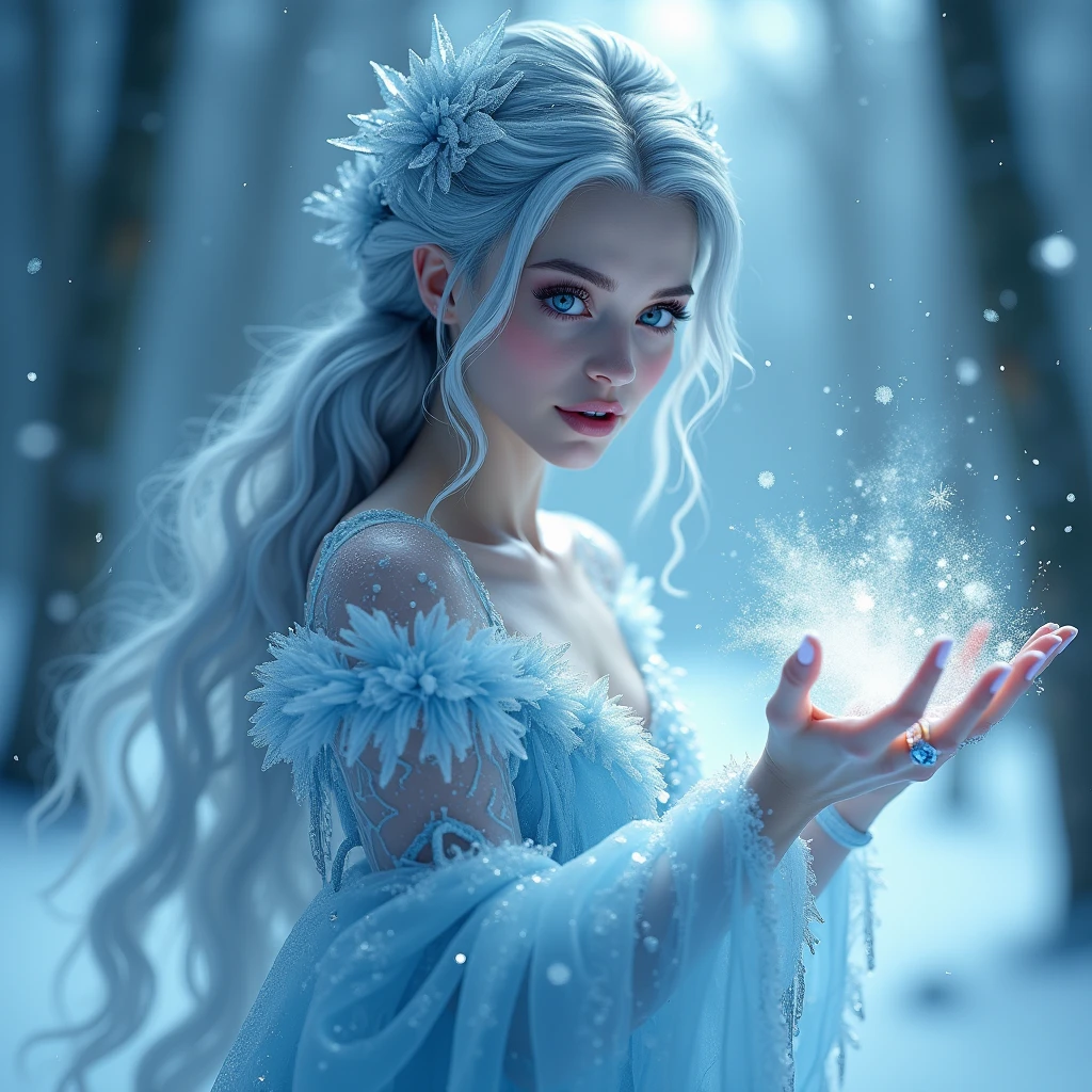 Ice Elf (cute woman, blue skin, deep blue eyes, pointy ears, waist length pale hair, sapphire sequin sparkling sheer night gown0 inspecting her ice sculpture flower garden in a snow landscape, twilight