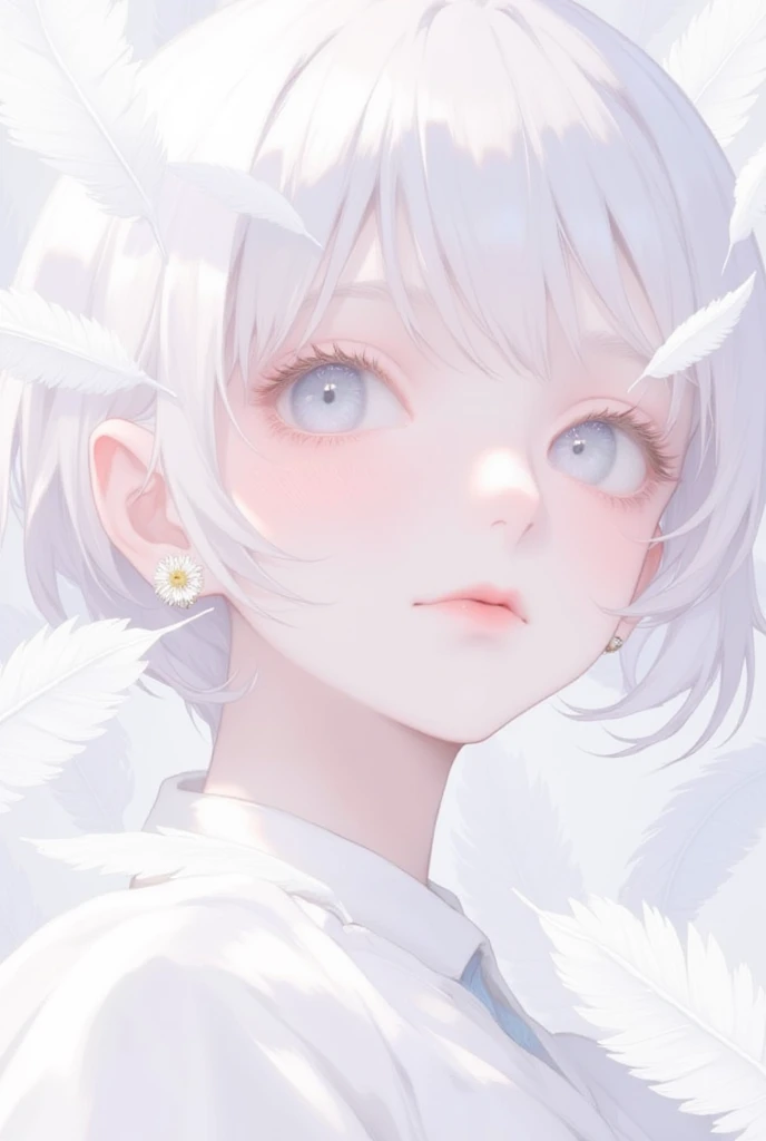 1girl, white theme, bright image, portrait, look up, white short hair, kawaii anime, soft color, A close-up of a person's face, partially obscured by delicate white feathers. sagging eyes,